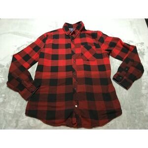 Raw Yarn Flannel Shirt Men M Red Faded Check Farmer Hunter Hiking Long Sleeve